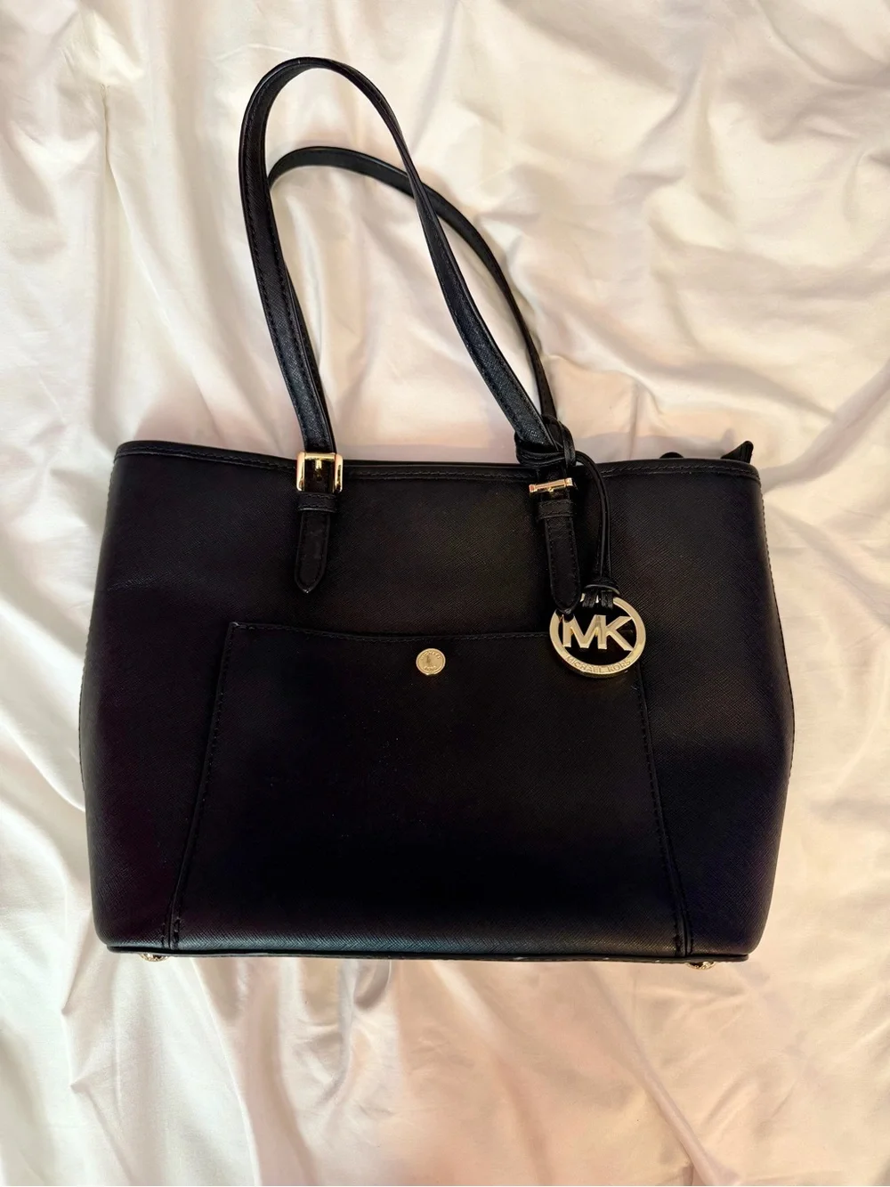 Michael Kors Black Leather Tote with Gold MK Charm